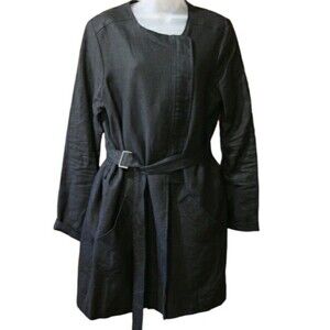Killion Black Linen Belted Trench Coat Large Lightweight Transitional Outerwear